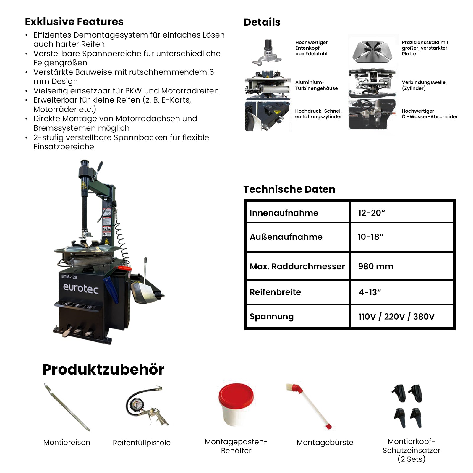 Eurotec ETM-120 Reifenmontiermaschine · 230 V · inkl. Zubehörpaket