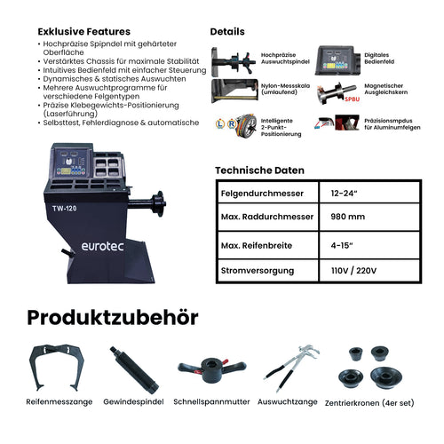 Eurotec TW-120 Radauswuchtmaschine · digital · 12–24 Zoll · inkl. Zubehör